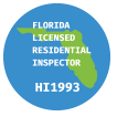 Florida Licensed Residential Inspector badge featuring a green state outline on a blue circle with license number HI1993.