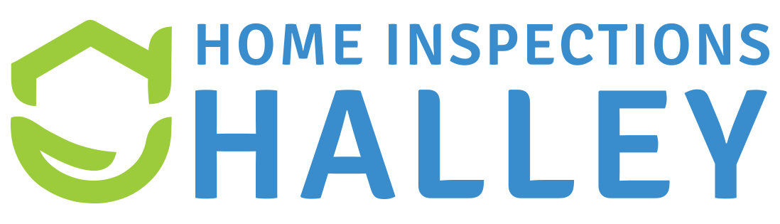 Logo for Home Inspections Halley featuring a green shield-like icon and bold blue text, representing reliable inspection services.