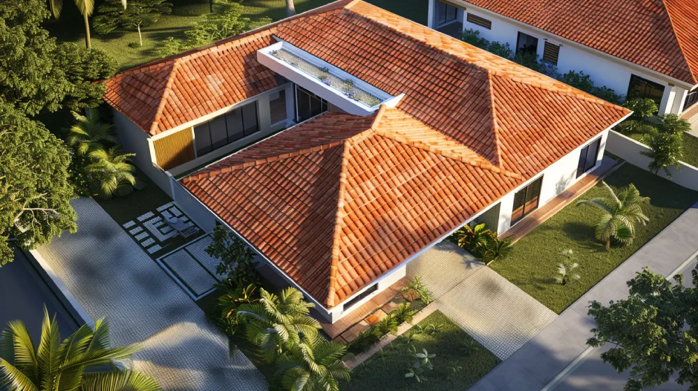 Aerial view of a modern house featuring a red tiled roof, landscaped garden, and spacious driveway in a suburban neighborhood. 