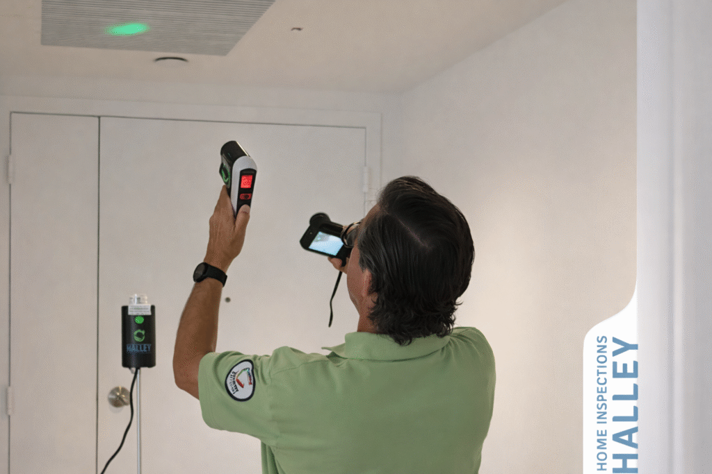 Home inspector using infrared thermal imaging equipment during a Miami Beach home inspection, aiming a thermal scanner