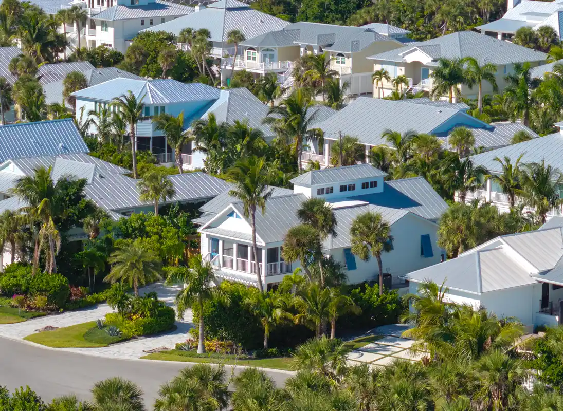 Aerial view of a South Florida neighborhood featuring typical single-family homes