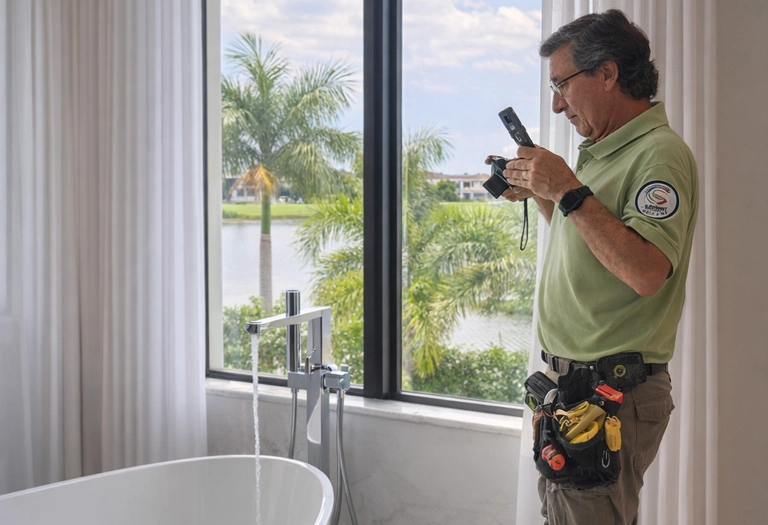 Home inspector assessing the plumbing system during a 4-point inspection.