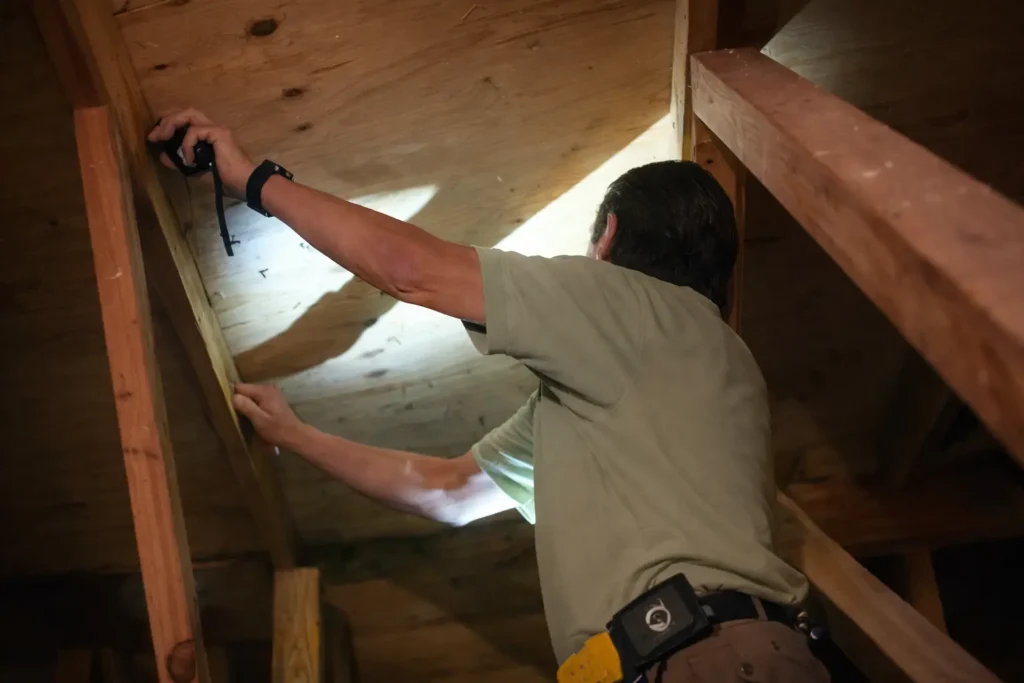 Home inspector assessing structural components and roof-to-wall connections during a Wind Mitigation Inspection