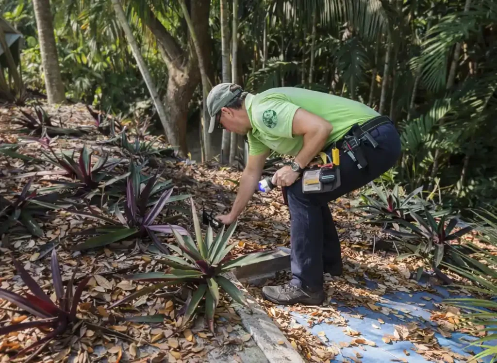 Exterior inspection of a sewer line blocked by tree roots in a yard during a full home inspection in Broward County.