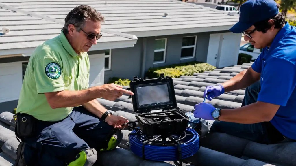 Home inspector and plumber performing a sewer camera inspection at a residential property