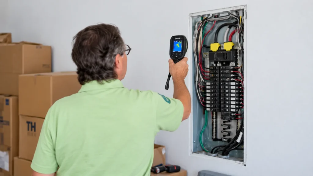 inspector inspecting electric panel with Thermal Imaging Home Inspection in a Miami house