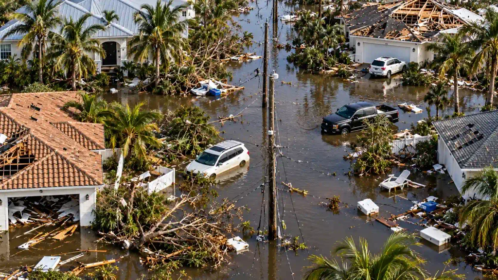 Aerial view of a flooded residential neighborhood in Miami, Florida, showing submerged vehicles, fallen trees, and debris scattered across streets and properties, illustrating hurricane flooding damage.