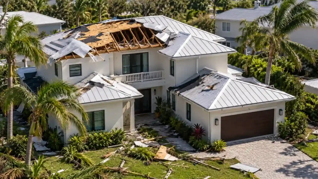 Aerial view of a two-story home in Miami, Florida, with damaged metal roofing, exposed wooden structures, and scattered debris following hurricane-force winds.