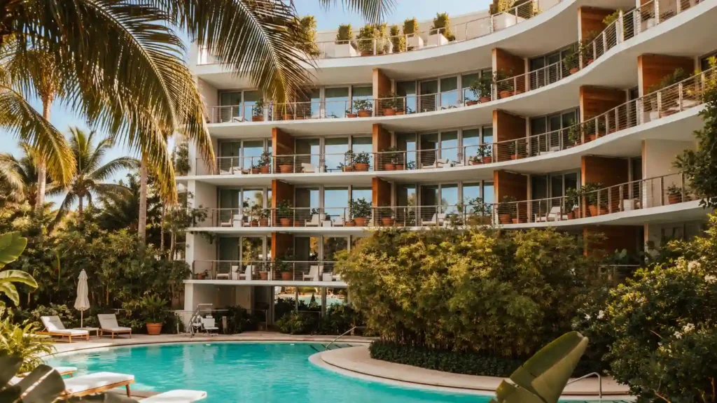 Modern condo building with private balconies and a shared pool in Aventura, FL